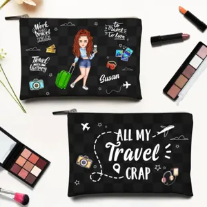 Bolsa de maquillaje de PU personalizada con estampado de viajes, estuche cosmético chic.