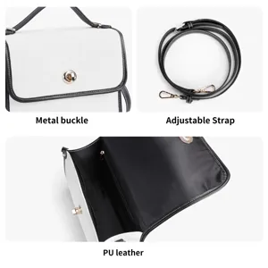 Vista detallada bolso bandolera mujer blanco negro hebilla metal cuero PU correa ajustable