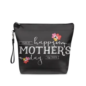 Schwarze PU Kosmetiktasche mit Handschlaufe, Muttertag Blumen Buchstaben Druck Design.
