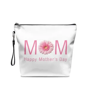 Bolso cosmético blanco de cuero PU con estampado MOM floral y diseño para el día de la madre.