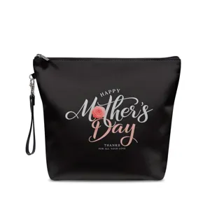 Schwarze PU Kosmetiktasche mit Blumenmuster und Handschlaufe fuer taegliche Reise Kosmetik.