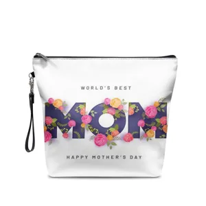 Bolsa cosmética de PU Día de la Madre con estampado floral MOM y correa de muñeca con cremallera.