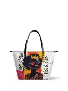 Details of women PU leather tote shoulder bag featuring artistic African girl graphic print.