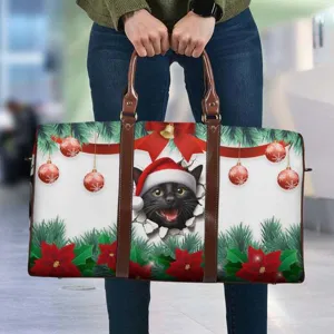 Christmas Black Cat Travel Duffel Bag Large Capacity Santa Hat Handbag Holiday Gift For Women New