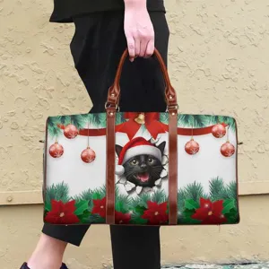 Christmas black cat travel duffel bag detail, festive holiday printed handbag design.