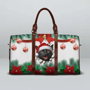 Christmas black cat print travel duffel bag with brown leather handles and festive holiday design.