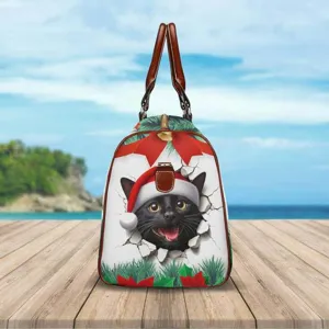 Detailed view of the Christmas black cat travel duffel bag featuring vivid holiday design.