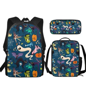 Mignon Ensemble Sac à Dos Trois Pièces Imprimé Monstres Dessin Animé Avec Sac à Déjeuner et Trousse Ensemble Sac d'École en Nylon Casual