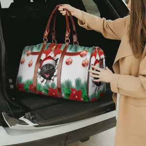Close-up scene showing the spacious Christmas cat travel duffel bag placed in a car trunk.
