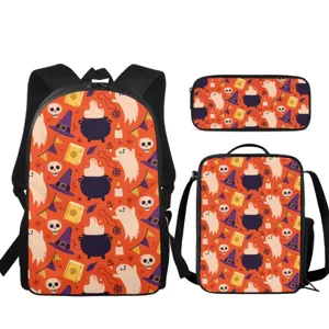Halloween 3-Piece School Backpack Set with Cute Ghost and Skull Print for Daily Use