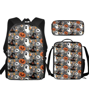 Cute Cartoon Print Backpack And Lunch Bag And Pencil Case For School Kids Durable Nylon Breathable Student Schoolbags Ghost Pattern Bag