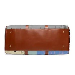 Stylish travel duffel bag with durable brown leather bottom and metal feet for daily trips.