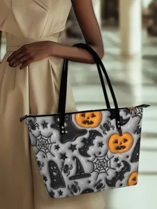 Women PU Leather Tote Bag Large Capacity Halloween Day of the Dead Pumpkin Ghost Skull Print Shoulder Handbag Graphic Purse