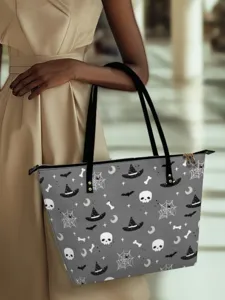 Large Capacity PU Leather Tote Bag For Women Halloween Pumpkin Skull Printed Shoulder Bag Retro Bucket Handbag With Zipper