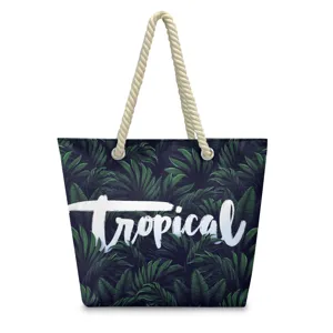 Hawaiian Style Beach Casual Shoulder Bag Polyester Tote Bag With Tropical Plant Flamingo Print Zipper Large Capacity Storage Bag For Women