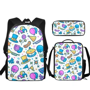 3-piece school backpack set with fun cartoon pattern, durable book bag and lunch bag.
