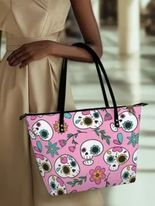 Pink sugar skull print tote bag women shoulder handbag daily casual fashion large capacity main view