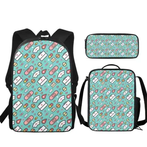 Cute medical pattern 3-piece backpack set with lunch bag and pencil case for daily use