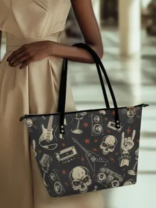 Rock style black tote bag with vintage music print PU leather shoulder bag for women fashion