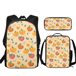 Joli ensemble de sac à dos d'école imprimé pêche avec sac à repas et trousse pour étudiantes.