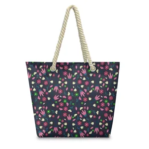 Hawaiian style beach canvas tote bag with floral pattern and rope handles for summer.