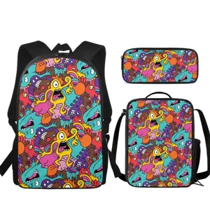 Juego de mochila escolar de 3 piezas con estampado de monstruos doodle, bolso de 16 pulgadas
