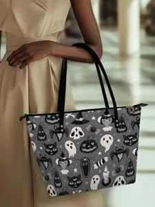Halloween tote bag for women, grey spooky print shoulder bag, large capacity PU leather handbag.