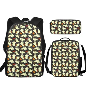 Ensemble De 3 Pièces Sac À Dos Scolaire Mignon Motif Fantôme Citrouille Avec Sac Repas
