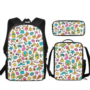 Cute 3-piece school backpack set with summer beach doodle pattern, durable canvas material for kids.