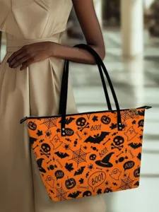 Halloween Pumpkin Ghost Print Tote Bag Casual Large Capacity Shoulder Handbag for Women