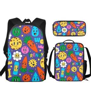 Conjunto de mochila escolar de 3 piezas con divertido patrón de dibujos animados y estuche.