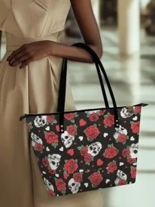 Women gothic skull and red rose print tote bag, stylish large capacity shoulder handbag.