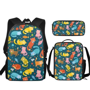 3-piece school backpack set cute cartoon cat print 16 inch bookbag lunch bag pencil case