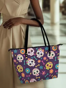Stylish purple sugar skull tote bag with colorful floral prints for women daily use.