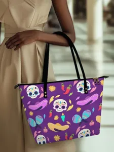 Day of the Dead skull print tote bag stylish purple shoulder bag for women daily commute