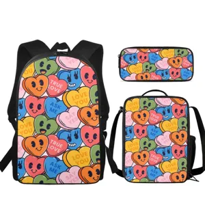 Juego de mochila escolar de 3 piezas con bonito patrón de corazones de dibujos animados.