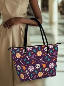 Spooky Halloween print tote bag, stylish shoulder bag and handbag for daily use and parties.