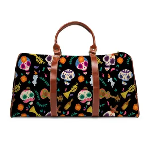 Travel duffel bag with colorful day of the dead sugar skull pattern and brown leather handles.
