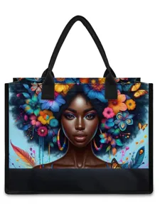 Artistic Black Girl Floral Print Canvas Tote Bag Large Capacity Waterproof Shoulder Bag With Zipper Pocket For Women