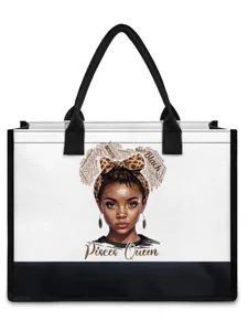 Sac cabas en toile pour fille noire avec imprimé artistique élégant et bretelles résistantes.