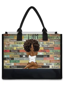 Retro Canvas Tote Bag Large Capacity Shoulder Handbag Printed Black Trim Top Handle Purse For Everyday Women