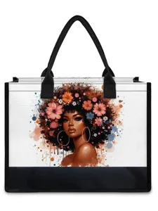 Vintage Leinwand Tragetasche Für Frauen Große Kapazität Bedruckt Karikatur Schwarzes Mädchen Blumen Umhängetasche Pendeln Einkaufstasche