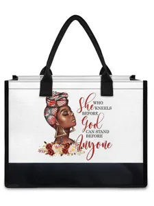 Sac cabas en toile blanche avec bordure noire, art inspirant et anses solides pour femmes.
