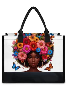 Leinwand-Tragetasche mit wunderschöner schwarzer Frau und bunten Blumen, stilvolle Handtasche.