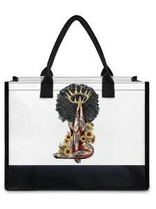 Canvas tote bag featuring a stylish Black girl art print with black handles and bottom.