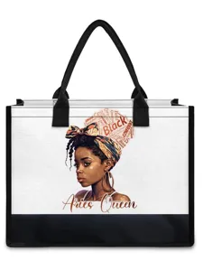 Sac cabas en toile avec illustration élégante de femme et bordure noire design.