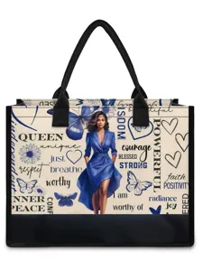 Canvas tote bag with blue butterfly and fashion illustration, casual shoulder bag for women.
