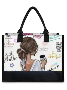 Sac cabas en toile avec imprimé inspirant, élégant sac à épaule noir pour le quotidien.
