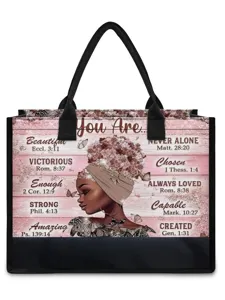 Canvas tote bag with black edges, featuring stylish black woman art and inspiring text.