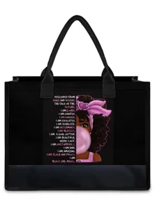 Sac cabas en toile noire avec citation inspirante et illustration, sac porté épaule solide